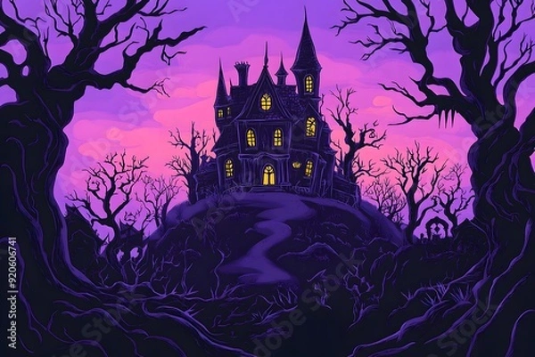Fototapeta Spooky castle in the middle of forest with purple backrgound for halloween decoration or invitation