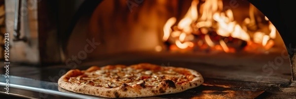 Fototapeta An artisanal pizza with toppings baking in a wood-fired, traditional brick oven, radiating warmth from the flames.