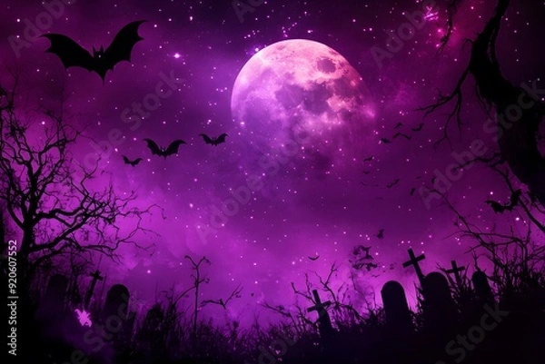 Fototapeta purple halloween banner with bat flying above graveyard and fullmoon in the backrgound