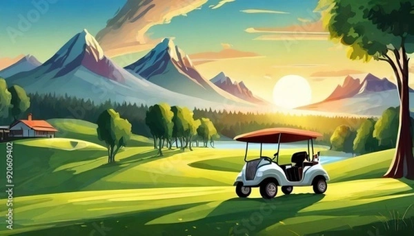 Fototapeta Golf cart car in fairway of golf course with fresh green grass field and cloud sky and tree on sunset time 