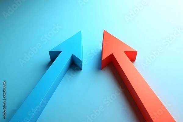 Fototapeta red and blue 3D arrow pointing to the same direction, Partnership, merger, alliance and integration concept