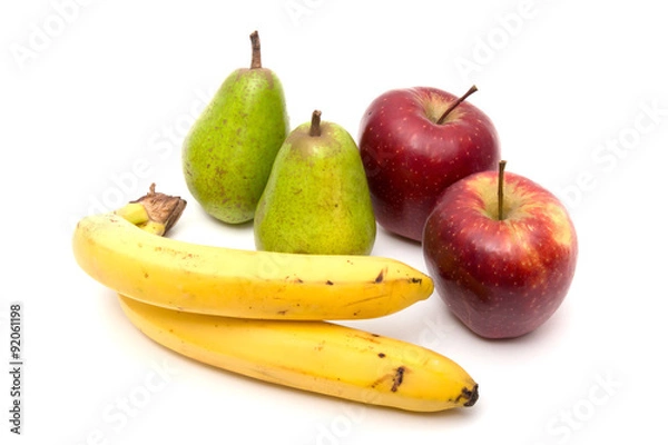 Obraz Pitcher of juice. Pears, apples and bananas. On a white backgrou