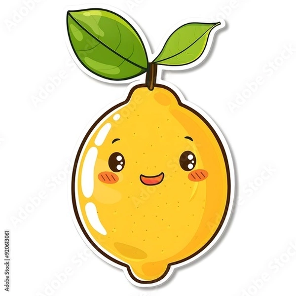 Fototapeta Cute Yellow Lemon Sticker on White Background, Playful and Adorable Lemon Design with a Cheerful Expression, Perfect for Fruit-Themed Decoration and Summer Items