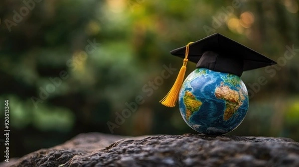 Fototapeta Graduation cap with Earth globe. Concept of global business study