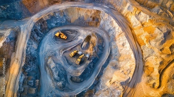 Fototapeta Aerial view of an expansive gold mining operation with winding roads and excavators