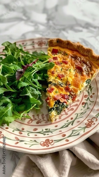 Fototapeta Traditional french pie. Quiche Loraine with mushrooms, broccoli, tomatoes and cheese. top view, in ceramic baking dish on heat-resistant stand. AI generated illustration