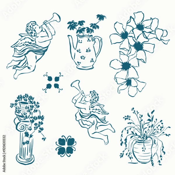 Fototapeta Vector linear doodle illustrations with Mediterranean decoration. Hand painted set isolated on white background. For design, print, interior or background.