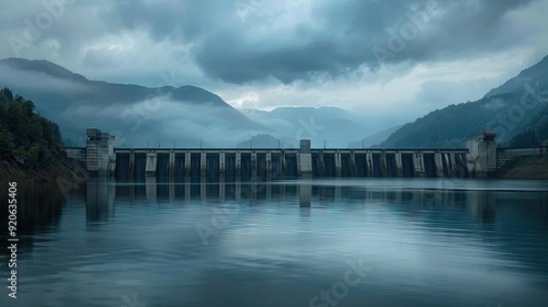Fototapeta A serene lake behind a hydroelectric dam. AI generated illustration