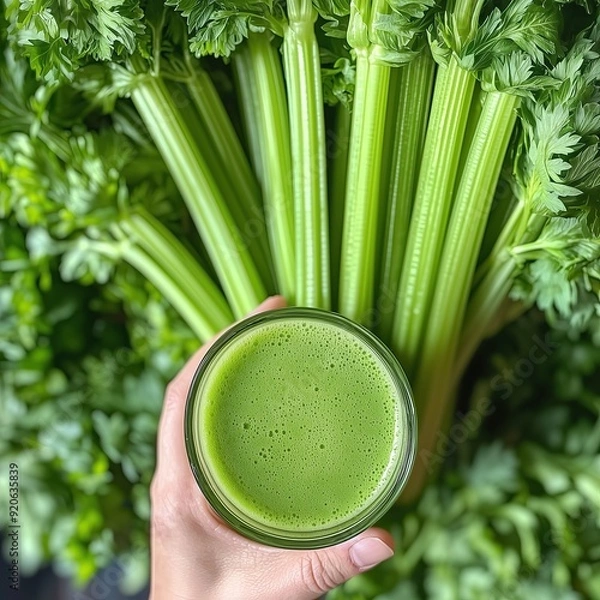 Obraz hand holding fresh green smoothie in a glass from pascal celery