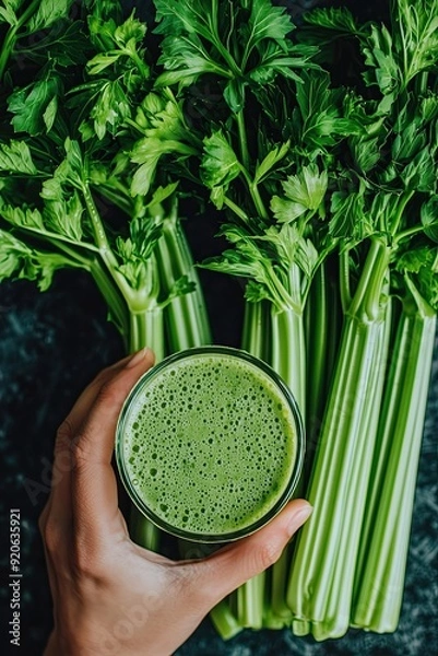 Obraz hand holding fresh green smoothie in a glass from pascal celery