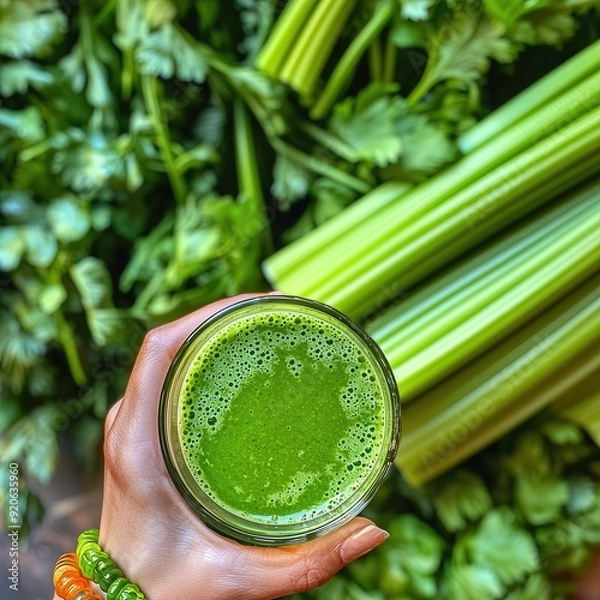 Obraz hand holding fresh green smoothie in a glass from pascal celery