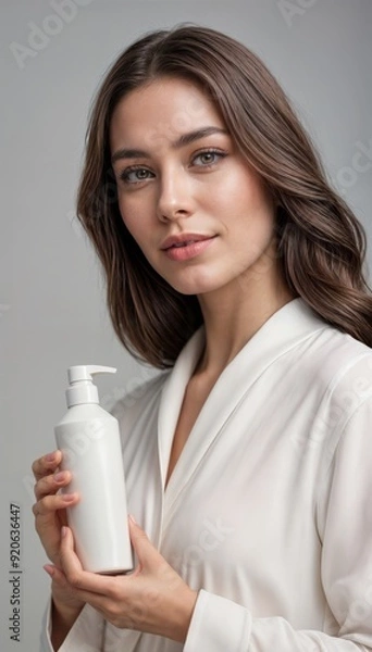 Fototapeta Generated ImaYoung girl holding empty shampoo bottle on white background, smiling woman portrait, moisturizing spa body care conceptge