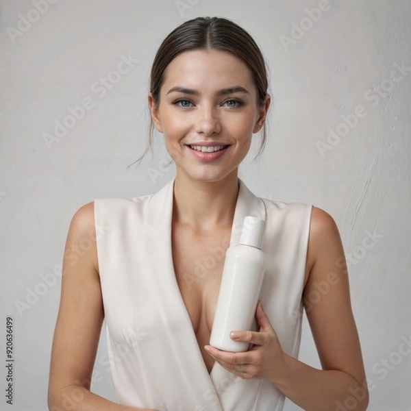 Fototapeta Generated ImaYoung girl holding empty shampoo bottle on white background, smiling woman portrait, moisturizing spa body care conceptge