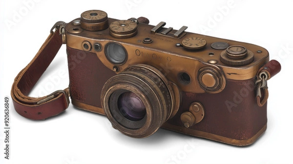 Fototapeta A sophisticated old camera, predominantly in a rich brown hue, equipped with a large lens. The camera is adorned with various buttons and dials, suggesting advanced functionalities