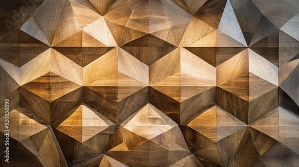 Fototapeta Artistic wooden marquetry wallpaper with abstract geometric patterns, offering a sophisticated and textured backdrop.