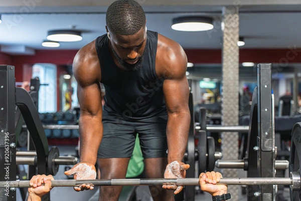 Obraz Black fitness trainer helping another man at the gym with the barbell
