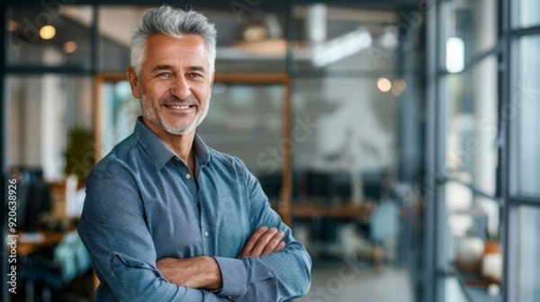Fototapeta Smiling handsome businessman with crossed arms in modern office, middle-aged gray-haired man exuding confidence, business success concept.