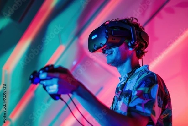 Fototapeta A gamer actively playing a VR game, surrounded by a vibrant gaming environment, action shots, colorful dynamic lighting. Horizontal