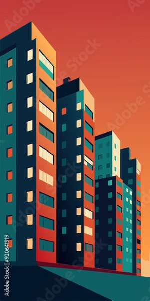 Fototapeta A vibrant  illustration of colorful residential apartment buildings lined up against a clear blue sky, showing an urban neighborhood scene with bold colors and simple shapes