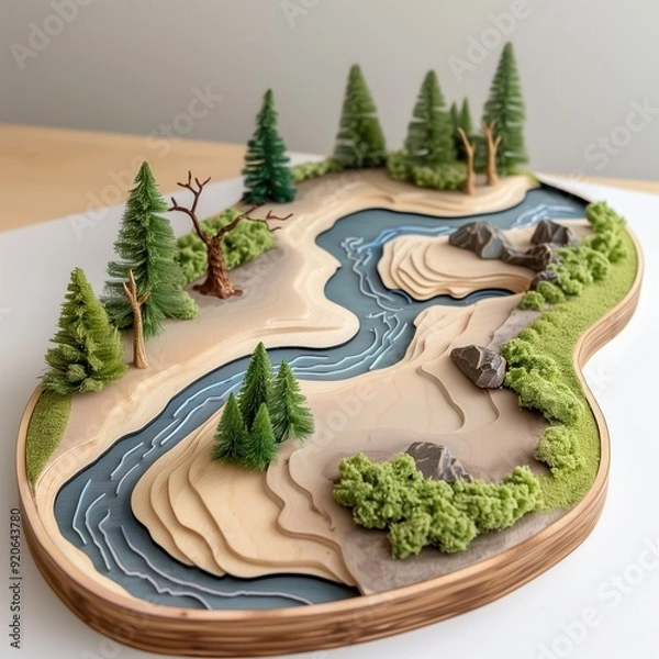 Fototapeta Intricate Miniature Landscape Model with River, Trees, and Rocks - Detailed Diorama of Natural Scenery