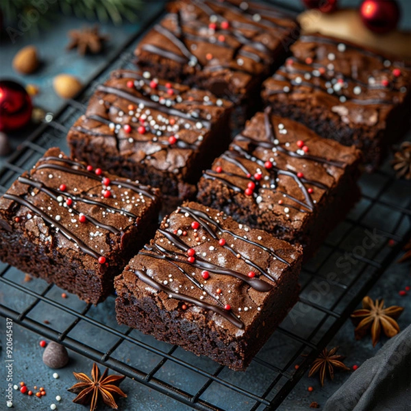 Fototapeta Christmas chocolate brownies with sugar glaze and sprinkles on a blue concrete background. Christmas or New Year food festive background. Made with generative ai