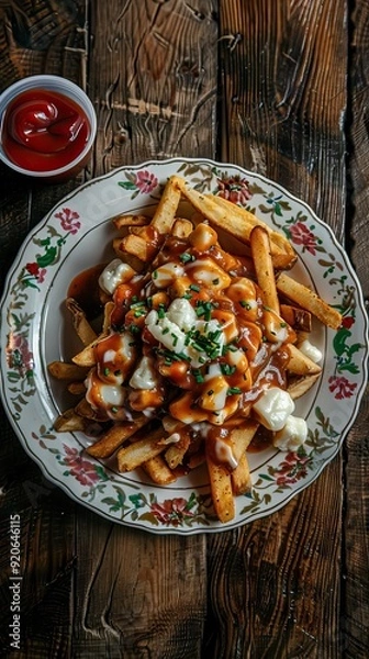 Fototapeta Delicious traditional canadian dish poutine gravy and fries with cheese curd in dark environment. AI generated illustration