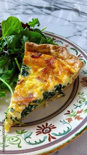Fototapeta Traditional french pie. Quiche Loraine with mushrooms, broccoli, tomatoes and cheese. top view, in ceramic baking dish on heat-resistant stand. AI generated illustration