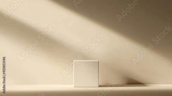 Obraz Glossy white cube pedestal with subtle shadows on a neutral gradient background, minimalism abstract, 3D rendering