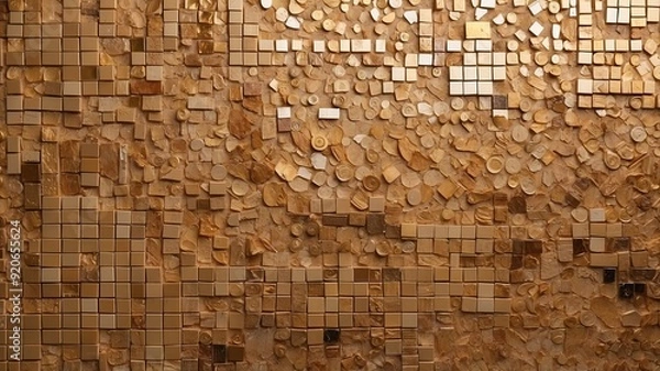 Fototapeta An intricate cube tile mosaic art piece featuring gold tiles, arranged in a dynamic and innovative pattern.