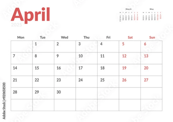 Fototapeta Monthly page Calendar Planner Template of April 2025. Vector layout of calendar with week start Monday for Scheduling. Page for size A4 or 21x29.7 cm