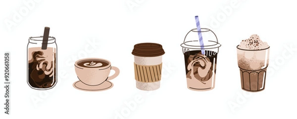 Fototapeta Hot and cold coffee drinks set. Espresso, americano cup, cappuccino and latte in paper mug, iced macchiato in glass. Flat vector illustrations isolated on white background