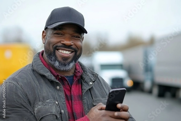 Obraz Happy truck driver using cell phone on parking lot and looking at camera, Generative AI