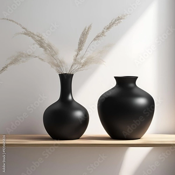 Obraz Black vase on wooden shelf against white background wall. AI Generated Images
