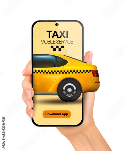 Fototapeta Taxi service concept. Hand holding smartphone with taxi car on screen and taxi service mobile app or order taxi online.
