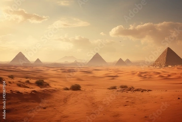 Fototapeta Desert landscape with the pyramids on the horizon.