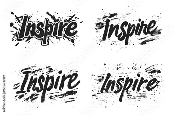 Fototapeta Handwritten Inspire lettering text designs with paint splashes vector illustration. Stylish black and white typography with brush strokes and ink splatters.