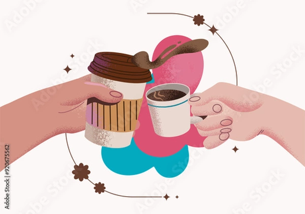 Fototapeta Two hands holding coffee drinks, cheers. Toast with latte in paper cup and espresso cup. Flat graphic vector illustration isolated on white background
