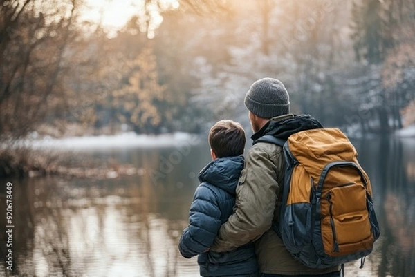 Fototapeta Rear view of athletic father and son talk while walking embraced by the lake, Generative AI