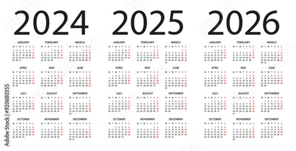 Fototapeta Calendar 2024, 2025, 2026 - illustration. Week starts on Monday. Calendar Set for 2024, 2025, 2026 years