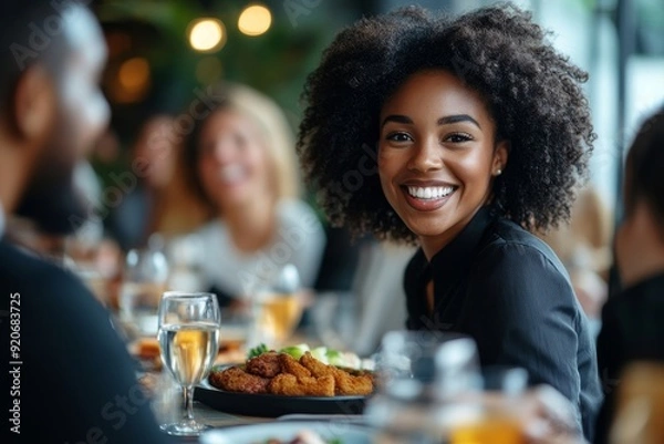 Fototapeta Happy black businesswoman and her co-workers communicating and having fun during lunch break at work, Generative AI