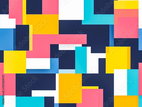 Fototapeta Blue, pink, and yellow geometric shapes dance in a flat, colorful pattern.