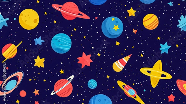 Fototapeta Colorful cartoon planets, stars, and comets dance in a playful, seamless pattern against a dark blue cosmic backdrop.