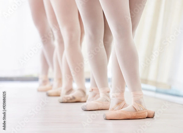 Fototapeta Ballet, dance and shoes of people in studio together for theatre performance, recital or rehearsal. Balance, feet and learning of ballerina group in class for art, creative expression or skill