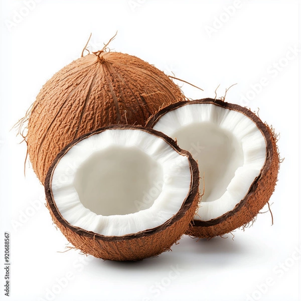 Obraz A coconut rests on a plain white background, its brown, hairy shell and round shape creating an eye-catching focal point