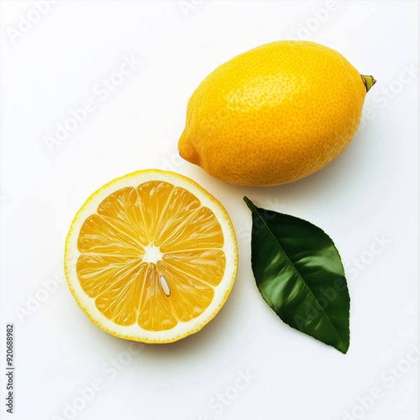 Obraz A lemon sits on a plain white background, its sunny yellow color and textured skin creating a fresh and inviting appearance........