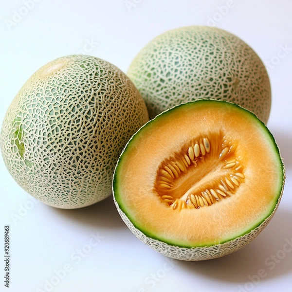 Obraz A whole melon sits on a bright white background, its patterned skin and rounded shape creating a visually appealing contrast