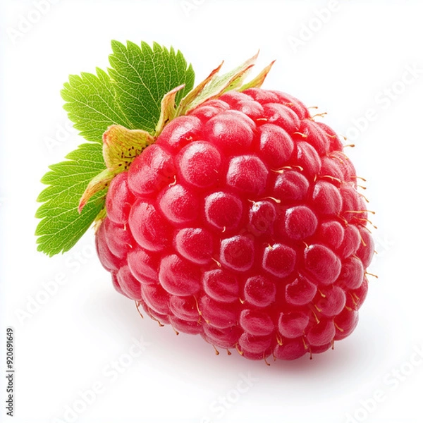 Obraz A fresh raspberry rests on a clean white background, its rich red color and delicate texture creating a vibrant visual appeal.......