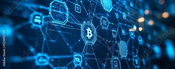 Fototapeta Intricate digital blockchain network featuring Bitcoin symbol, showcasing technology, finance, and innovation in a modern landscape.