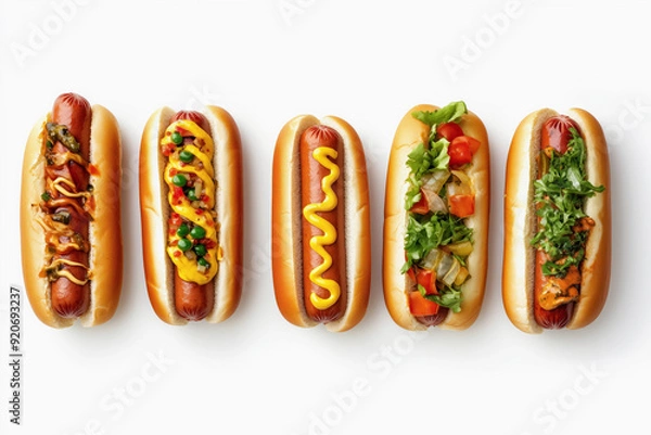 Fototapeta Directly above set of hot-dogs isolated on white backgrounds.