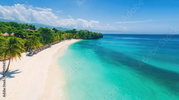 Obraz Turquoise waters and white sandy beach lined with palms in Jamaica. Perfect tropical getaway.